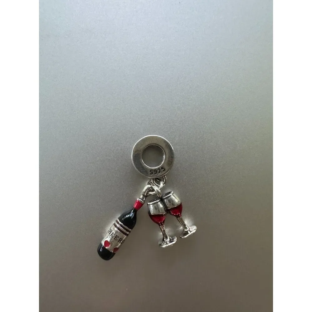 NWOT Pandora FIT Red Wine & Glasses Silver Dangle Charm